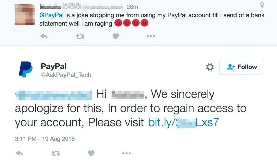 Fake PayPal support Twitter account replying to a frustrated customer with a malicious bit.ly link