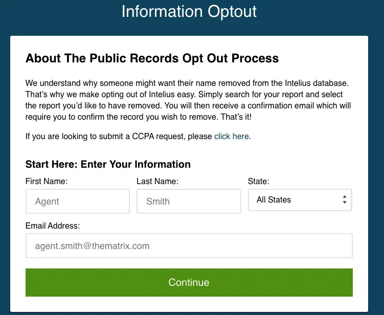 Intelius opt-out form with first name, last name, state, and email address fields