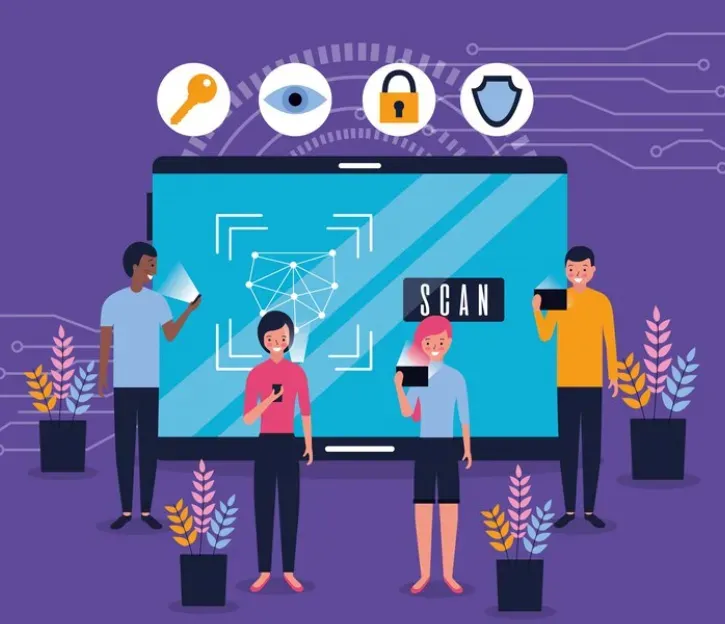 People with phones by a large screen showing facial-recognition scan, with key, eye, lock and shield icons