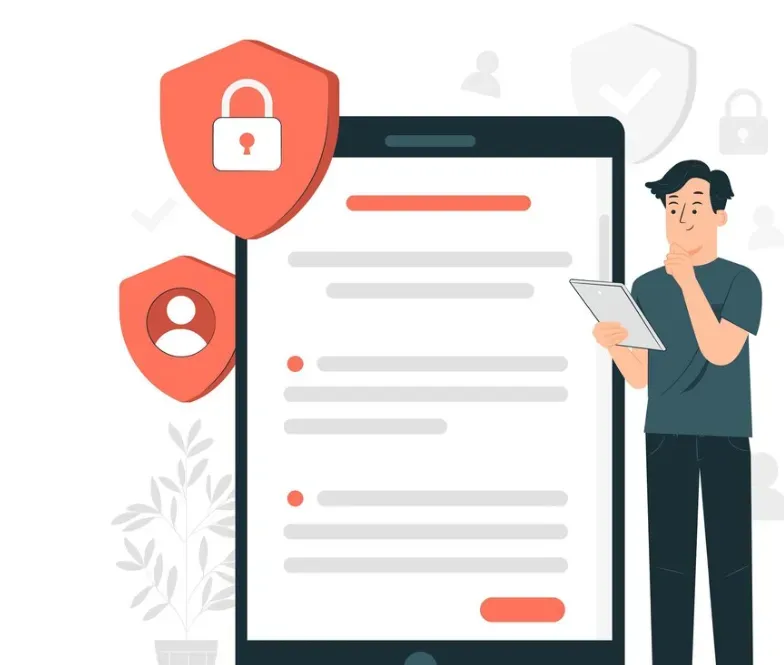 Man reviewing a privacy checklist on a phone with lock and profile shield icons
