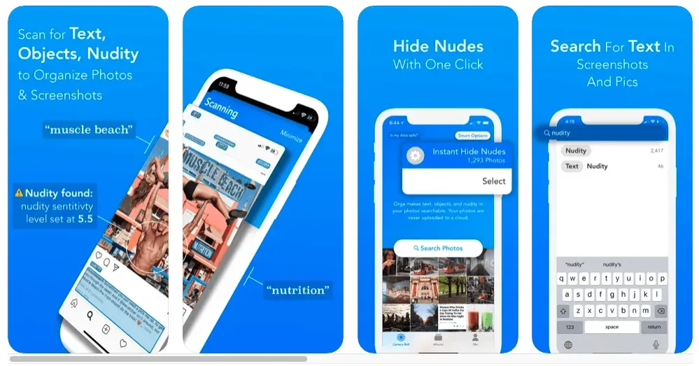 Orga app screens scanning photos for text, objects and nudity to hide and organize images