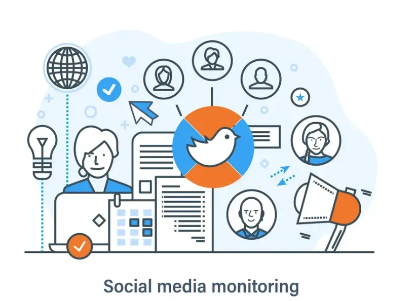 Social media monitoring illustration with Twitter bird, user profiles and a person at a laptop