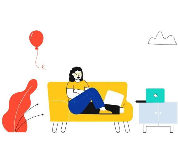 Woman relaxing on a yellow couch at home using a laptop