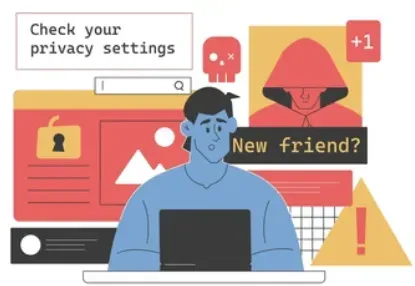 Illustration of a worried person at a laptop with 'Check your privacy settings' and 'New friend?' alerts