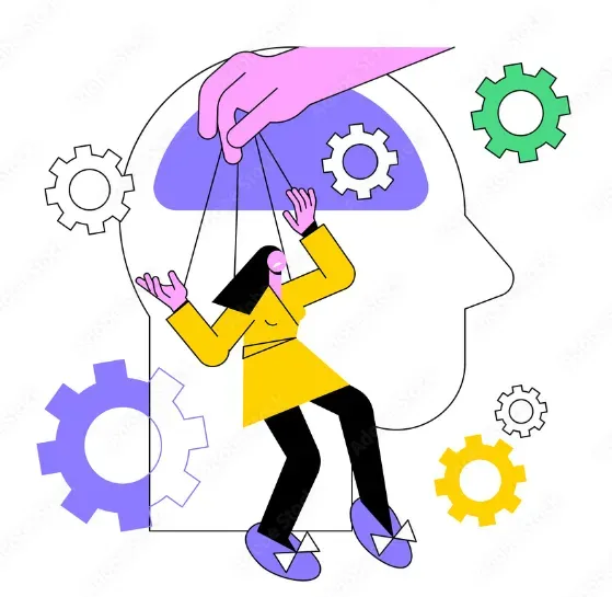 Hand working a person like a puppet inside a head silhouette, depicting social engineering manipulation