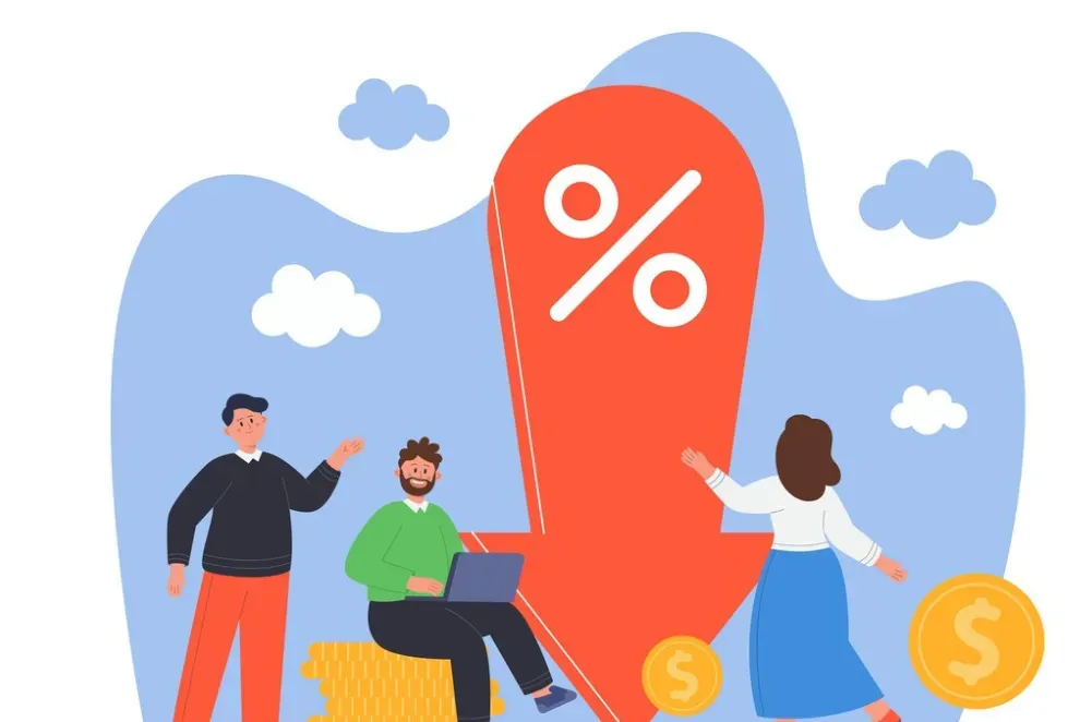 People beside a large downward arrow with a percent sign and dollar coins, dynamic pricing