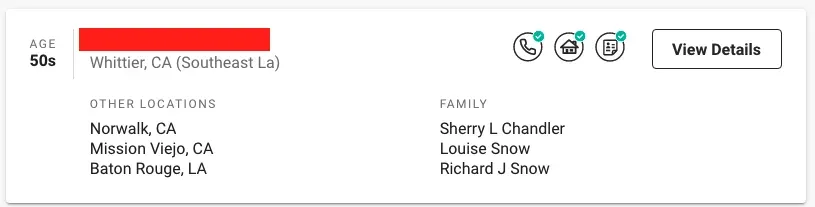 Whitepages listing showing a person's age, Whittier CA location, other addresses and family names