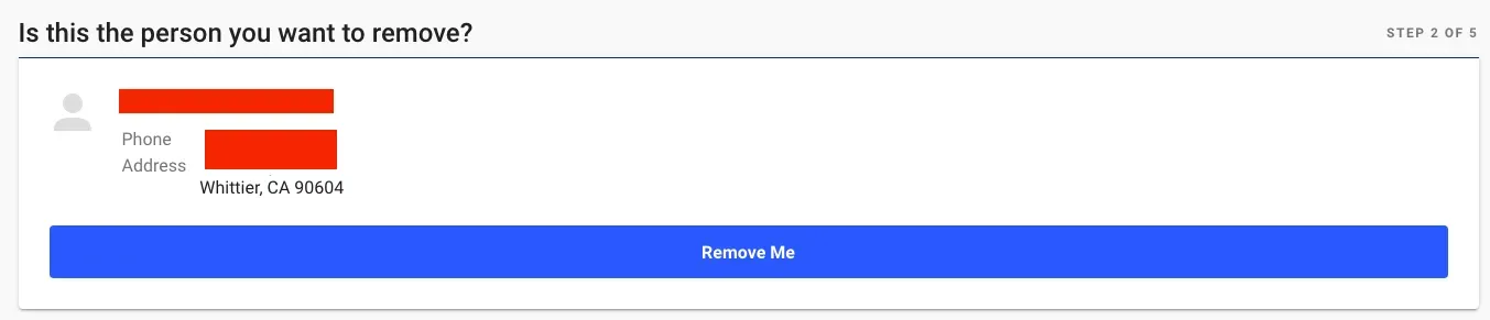 Whitepages opt-out step 2 of 5 confirming the person to remove, with a Remove Me button