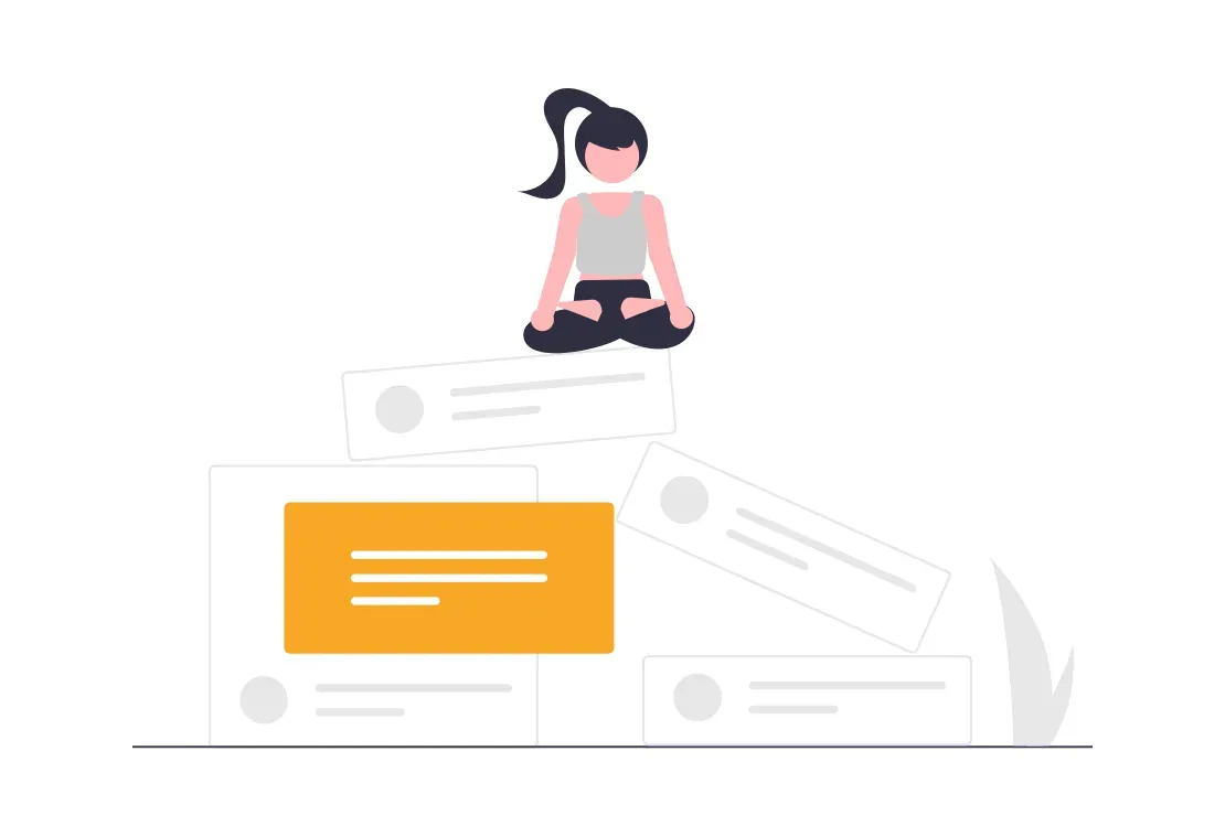 Woman sitting cross-legged and calm atop a stack of social media post cards