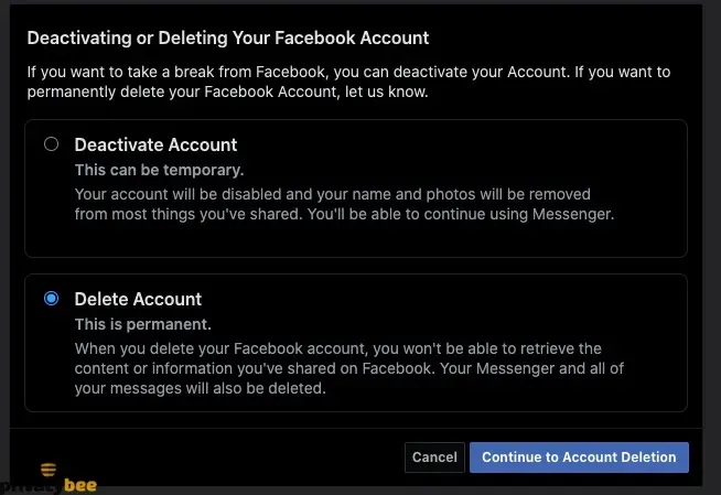 Facebook dialog to deactivate or delete an account, with Delete Account selected