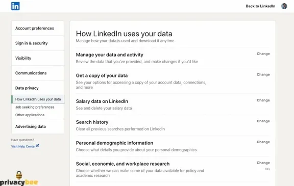 LinkedIn How LinkedIn uses your data settings under the Data privacy tab