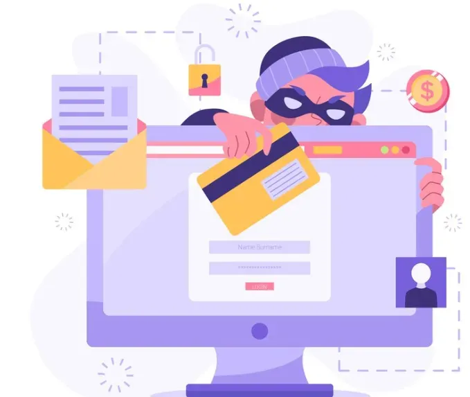Masked thief reaching through a login screen to steal a credit card and personal data