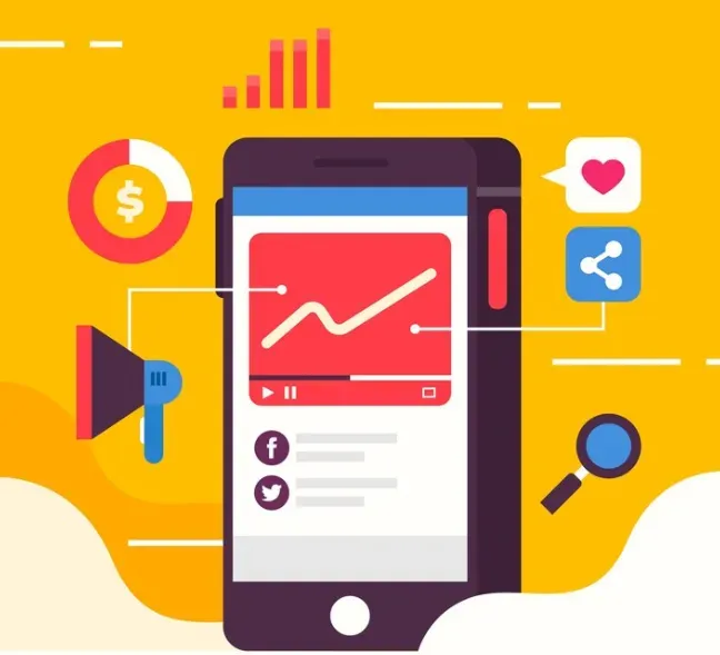 Smartphone showing an analytics chart with dollar, like, share and social media icons