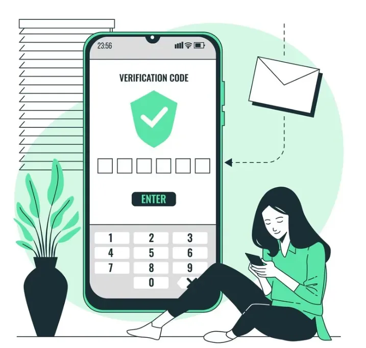 Smartphone showing a verification code screen with a shield checkmark as a woman texts nearby