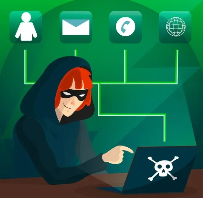 Hooded masked hacker at a laptop with a skull, wired to identity, email, phone and web icons