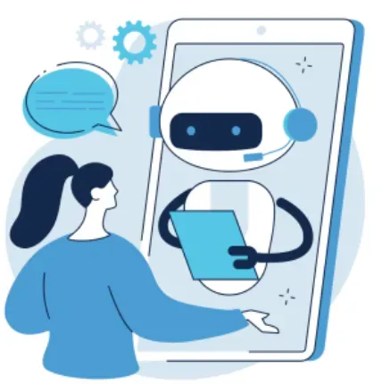 Woman interacting with an AI chatbot robot on a smartphone screen