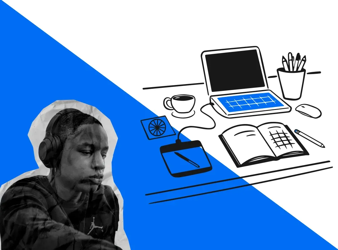 Young man in headphones beside an illustrated desk with laptop, tablet, and notebook