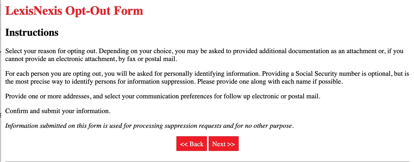 LexisNexis Opt-Out Form instructions listing steps to select a reason and provide identifying info