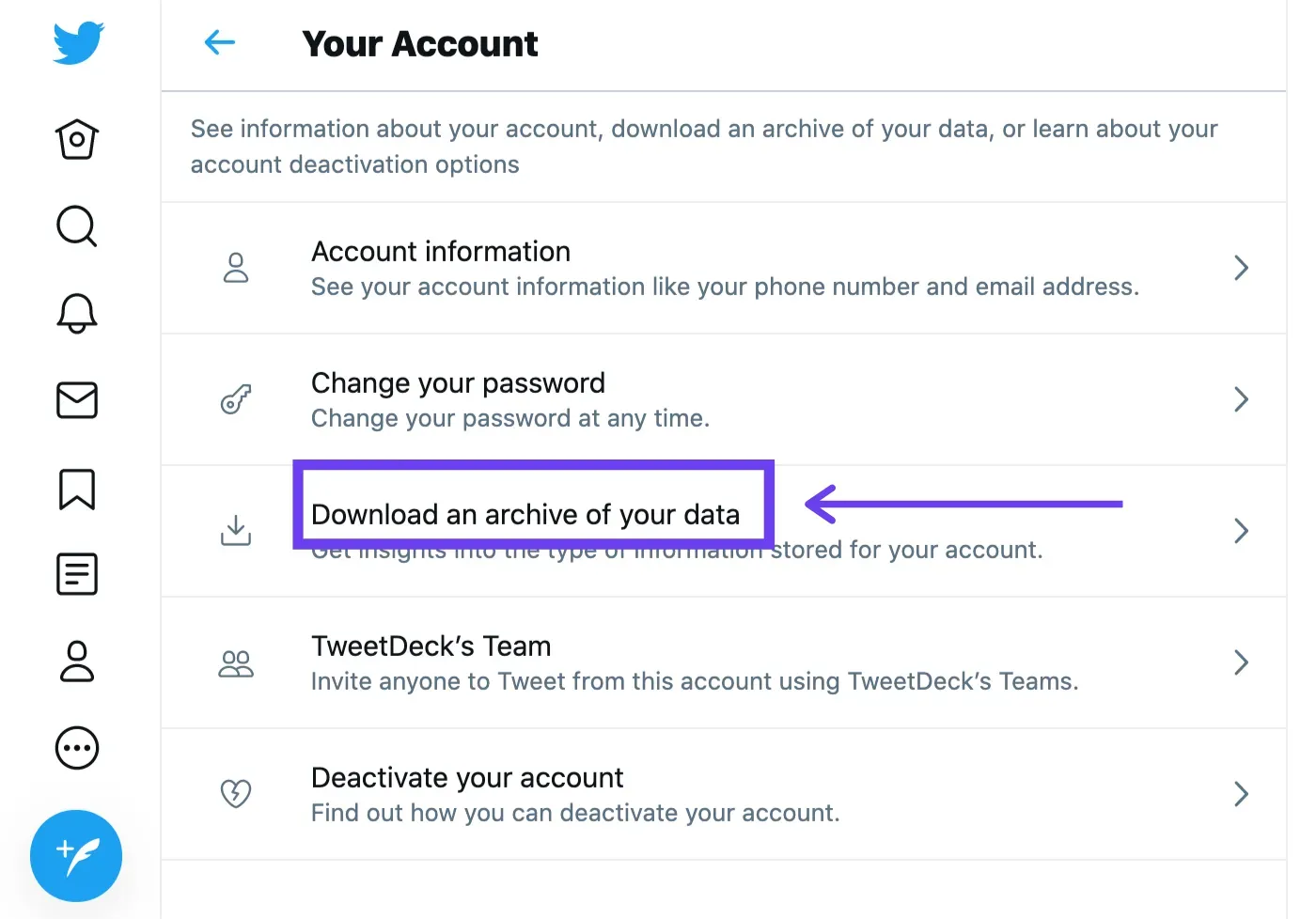 Twitter Your Account page with Download an archive of your data highlighted