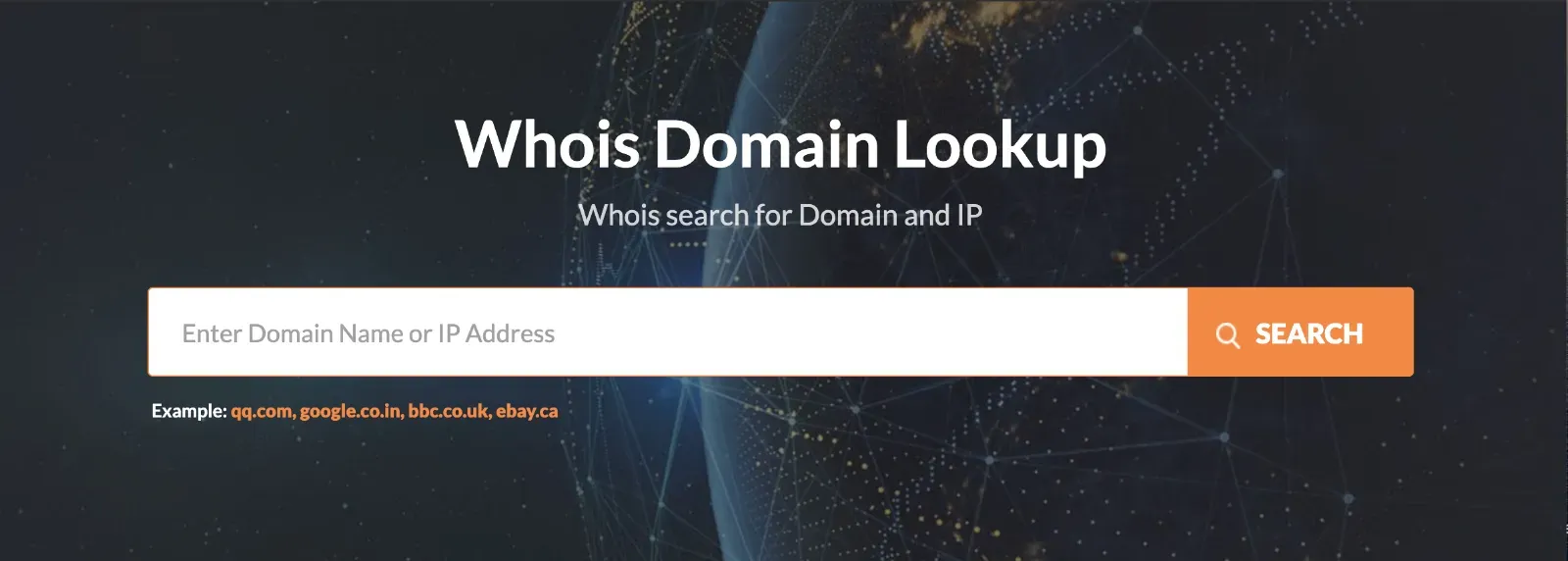 Whois Domain Lookup page with a search box to enter a domain name or IP address