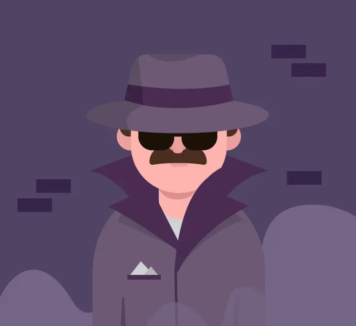 Illustrated detective in trench coat, hat and dark sunglasses standing in shadows