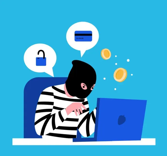Masked thief typing on a laptop with a stolen credit card, open padlock, and gold coins floating