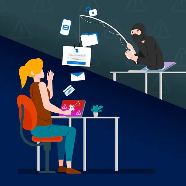 Masked hacker fishing for a woman's login credentials as malware infects her laptop