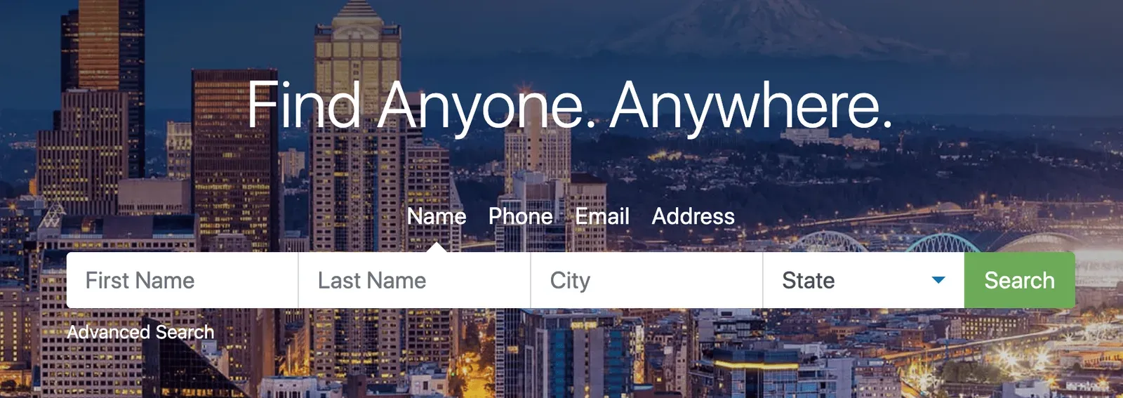 PeopleFinders people-search site reading Find Anyone. Anywhere. with name, phone and address search fields