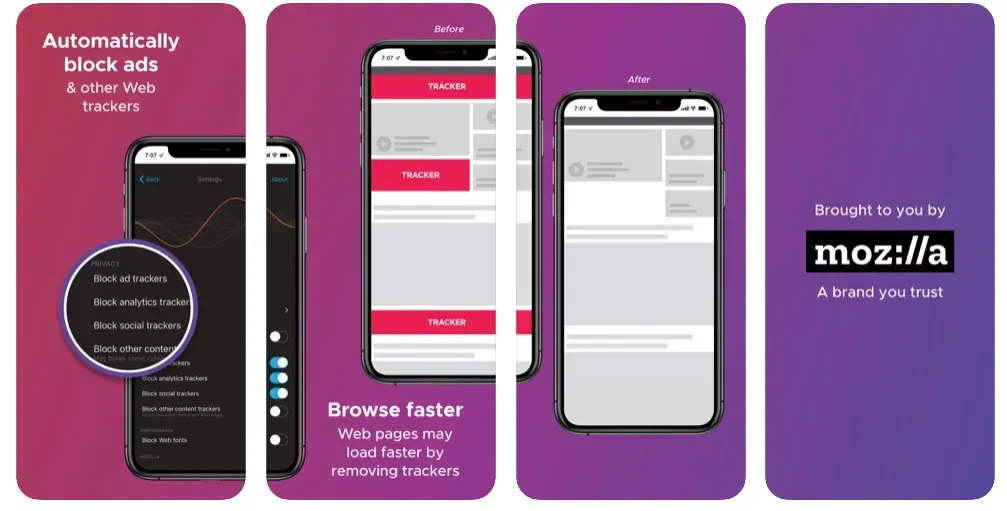 Firefox Focus App Store screens showing ad and tracker blocking, brought to you by Mozilla