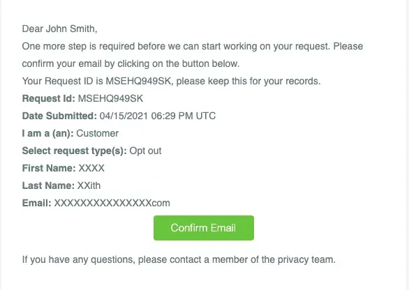 Intelius opt-out confirmation email with Request ID and Confirm Email button