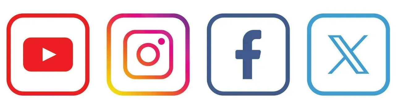 YouTube, Instagram, Facebook and X social media app logos in a row