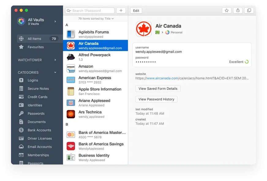 1Password vault showing a saved Air Canada login with username and password fields
