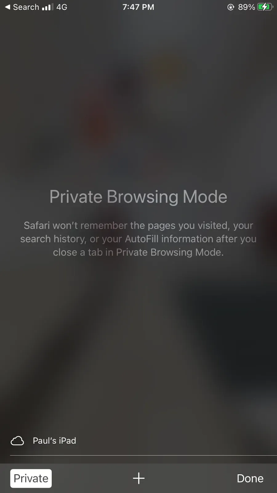 iPhone Safari screen showing Private Browsing Mode is enabled