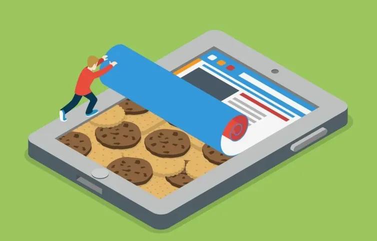 Isometric tablet filled with cookies as a person rolls a banner over the screen