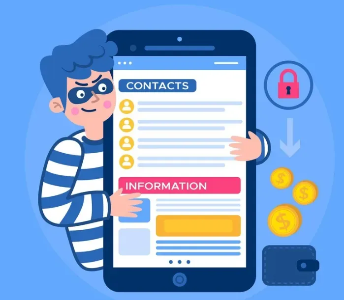 Masked thief clutching a phone showing contacts and personal information beside coins and a wallet
