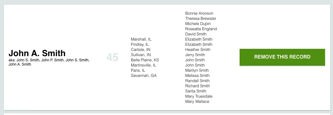 Intelius search result for John A. Smith with a green Remove This Record button