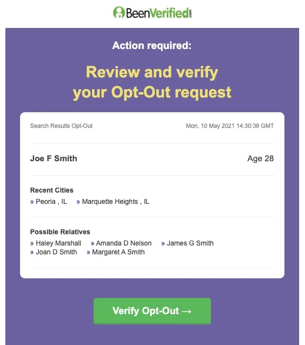 BeenVerified opt-out verification email showing Joe F Smith's record and a Verify Opt-Out button
