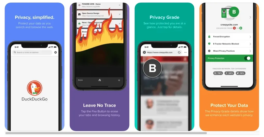 DuckDuckGo app screens showing private search, Fire Button, and website Privacy Grade rating