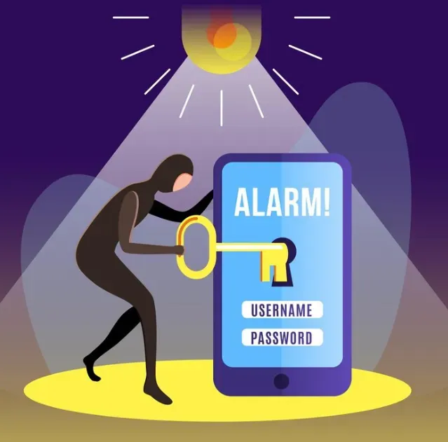 Masked thief using a key to unlock a phone showing "Alarm!" with username and password fields