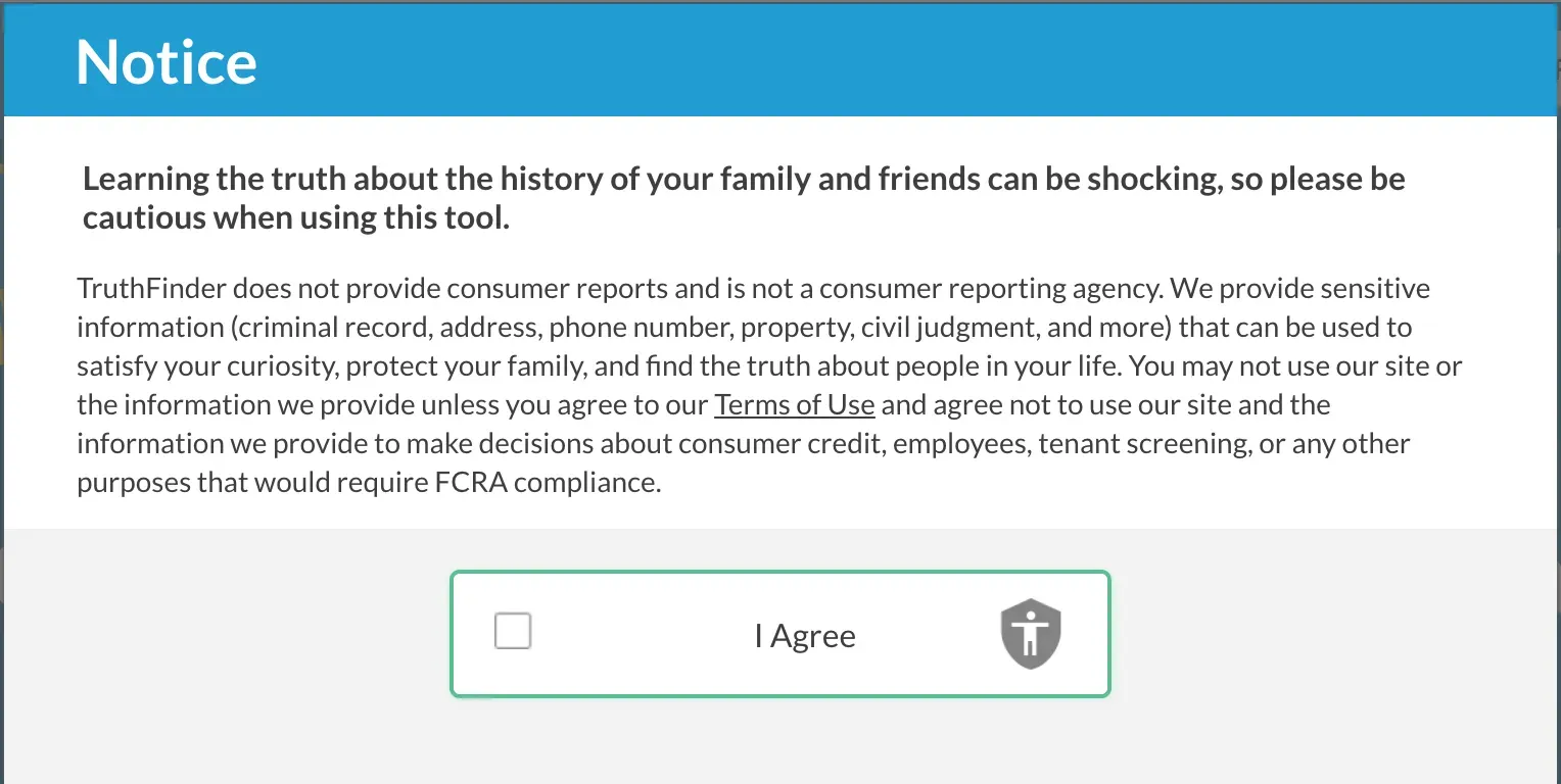 TruthFinder notice warning the tool reveals sensitive info, with an I Agree checkbox