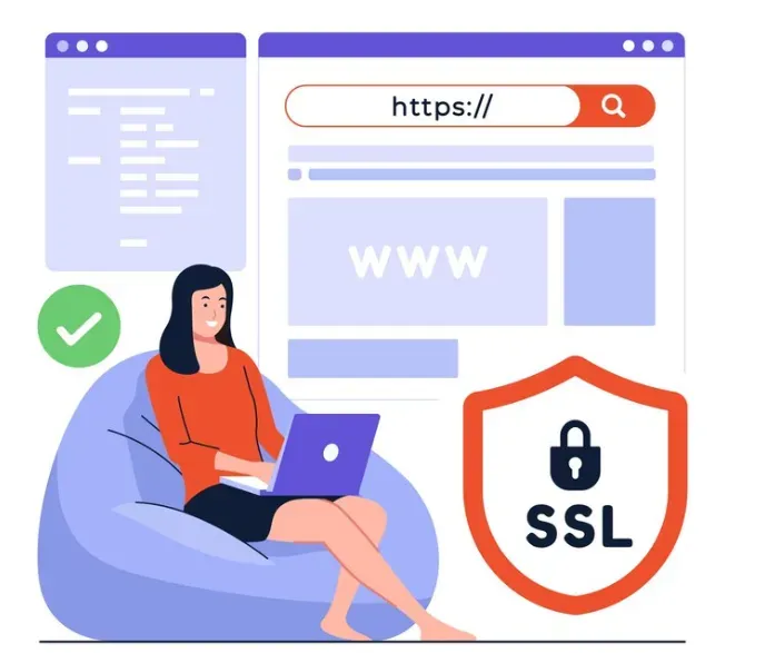 Woman using a laptop beside a browser showing https:// and an SSL padlock shield
