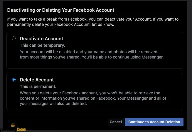 Facebook dialog with Delete Account selected and a Continue to Account Deletion button