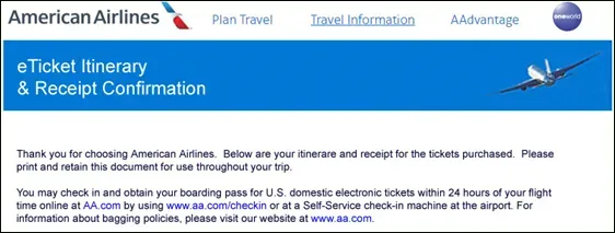 Fake American Airlines eTicket itinerary and receipt confirmation email used for spear phishing