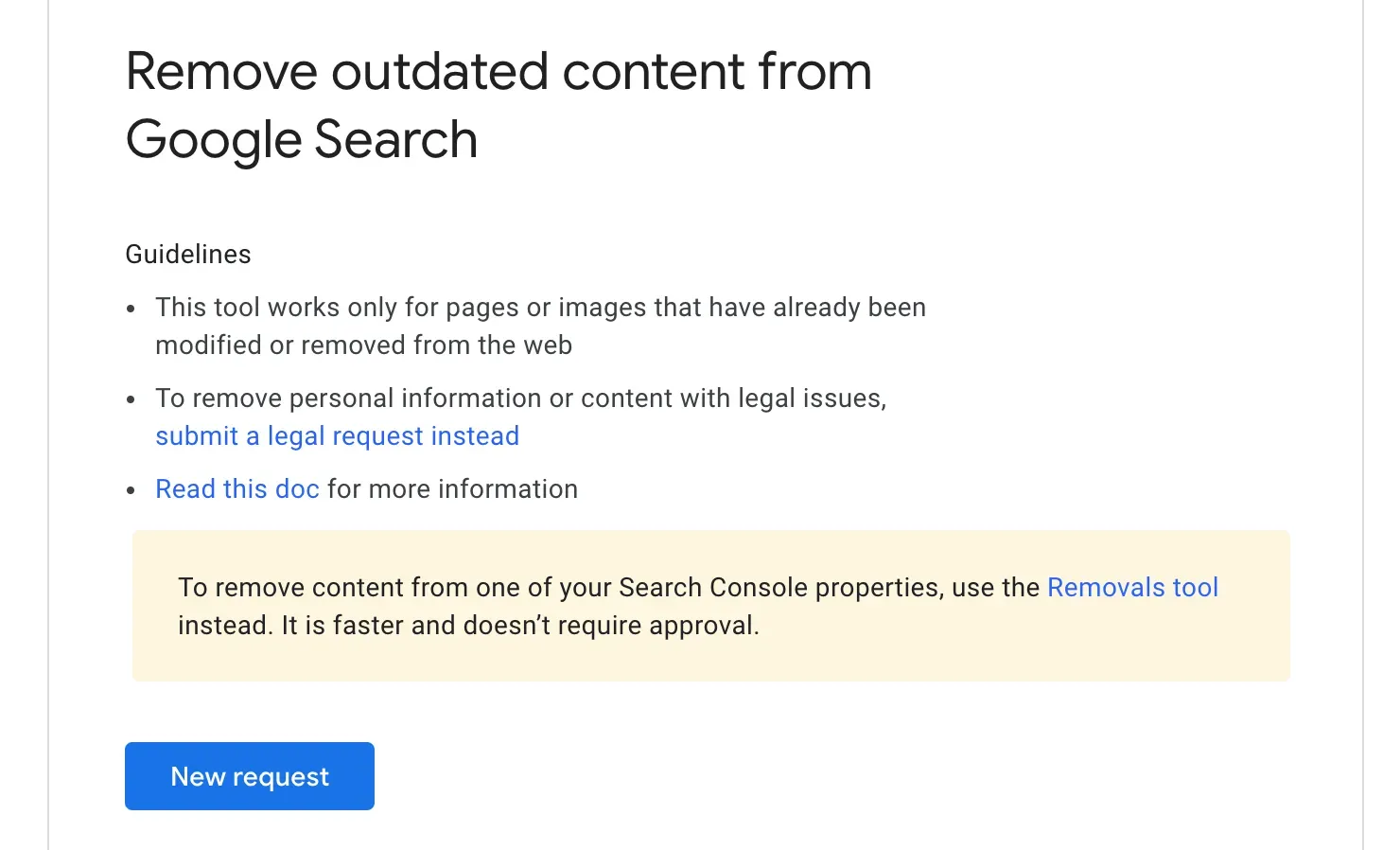 Google's Remove outdated content from Search tool showing guidelines and a New request button