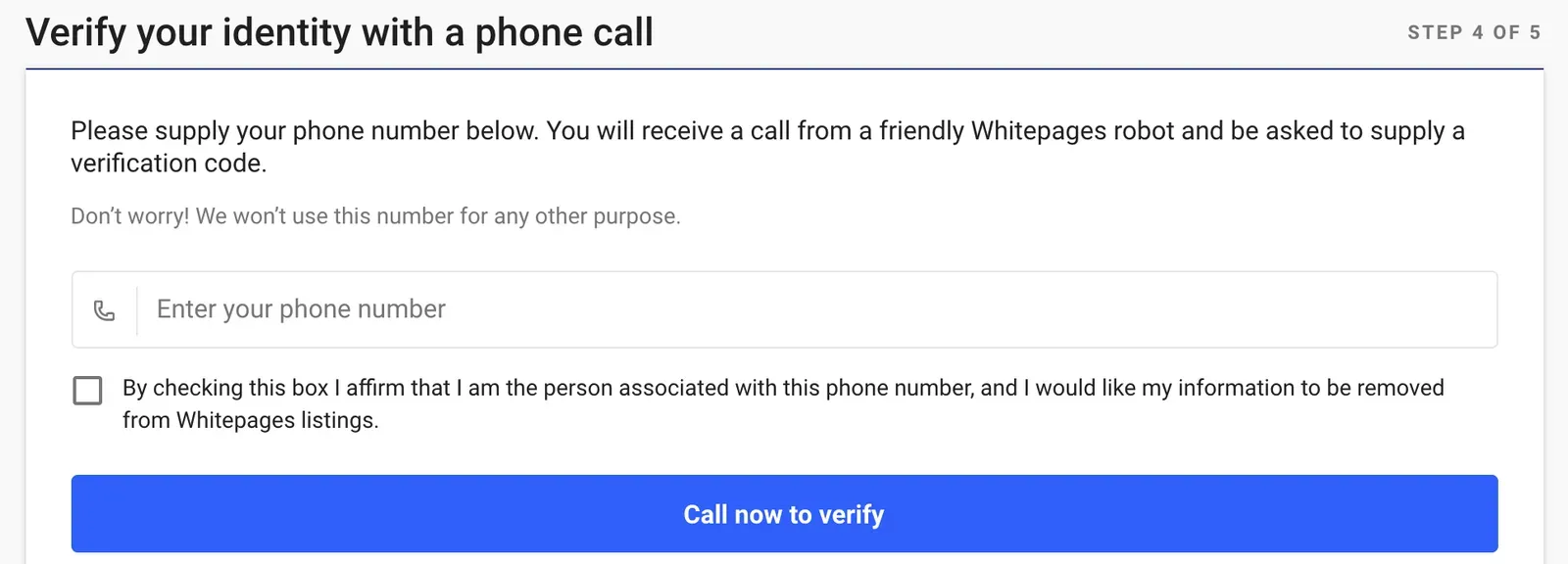 Whitepages opt-out step 4, entering a phone number to verify identity by call