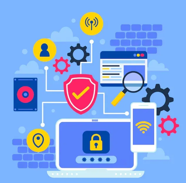 Laptop with a padlock and password field ringed by security icons: shield checkmark, gears, and Wi-Fi phone