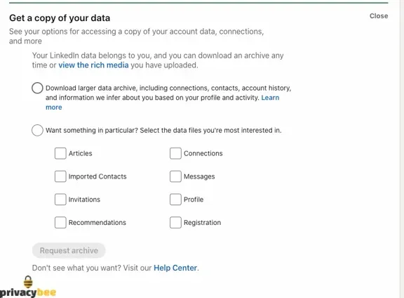 LinkedIn Get a copy of your data dialog with checkboxes for articles, contacts, messages and profile