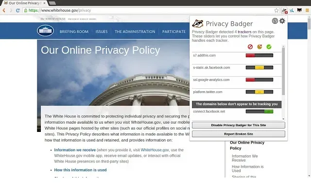 Privacy Badger extension detecting 4 trackers on the WhiteHouse.gov privacy policy page