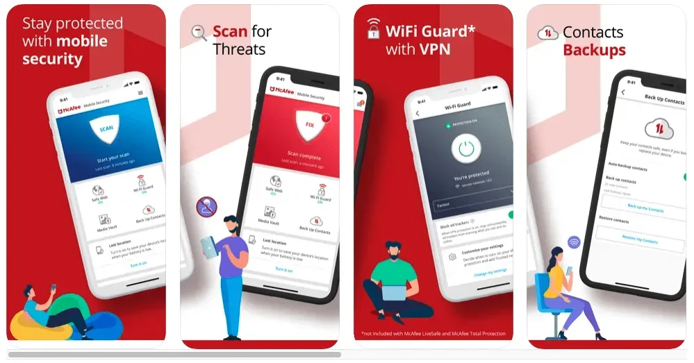 McAfee mobile security app screens showing threat scan, WiFi Guard VPN and contacts backup