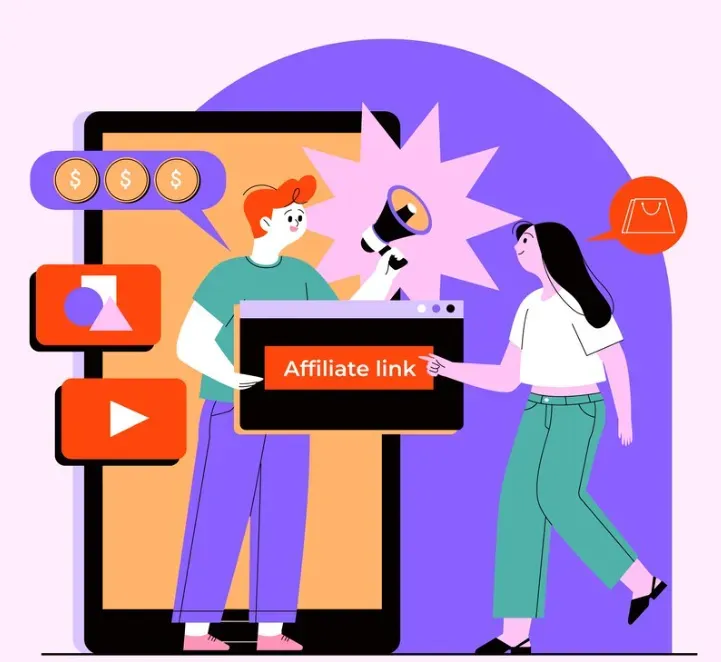 Two people by a tablet reading Affiliate link with megaphone, coins, and video icons